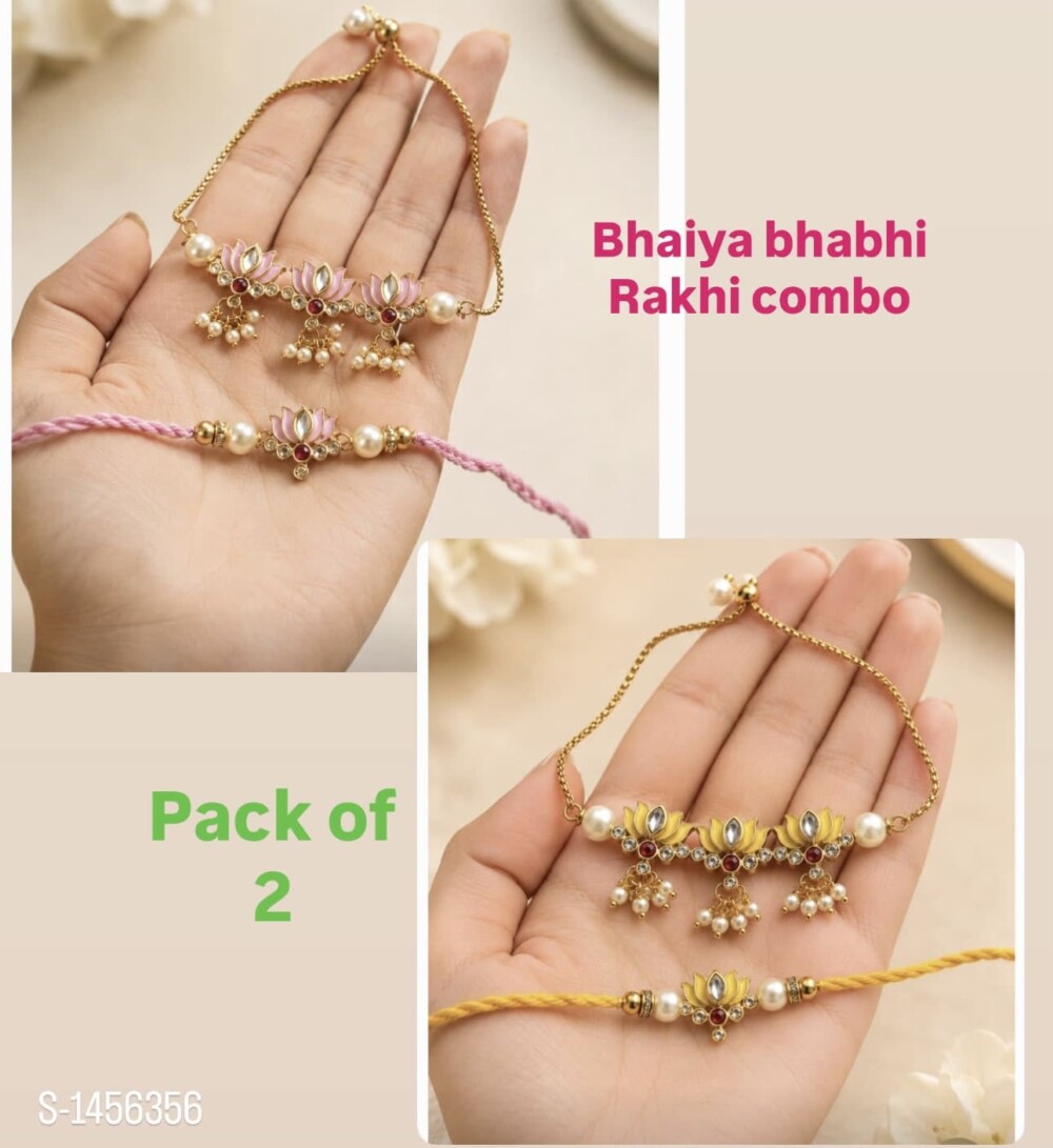 Pink & Yellow Lotus Bhaiya Bhabhi Rakhi Combo (Pack of 2)