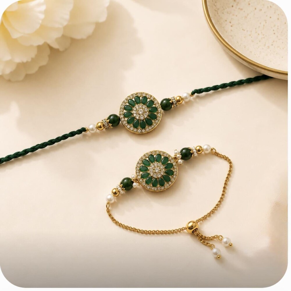 Premium Dark Green AD Stone Bhaiya Bhabhi Rakhi Set