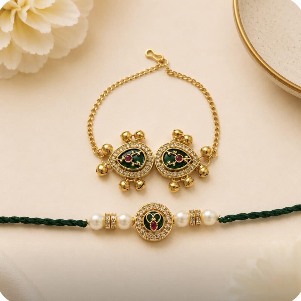 Premium Dark Green Kundan Bhaiya Bhabhi Rakhi Set