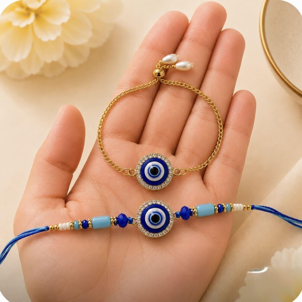 Blue Evil Eye Bhaiya Bhabhi Rakhi Set